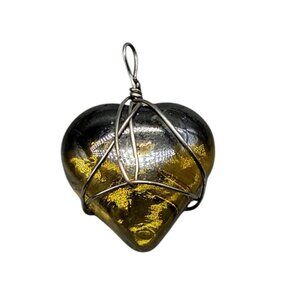 Wire Wrapped Heart Shaped Amber Colored Molded Glass Pendant